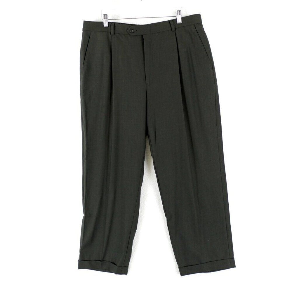 Hart Schaffner Marx Wool Green Pleated Cuffed High Rise Dress Pants‎ 36/27 Lined
